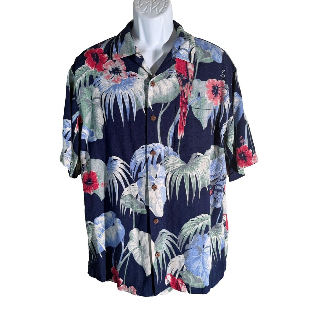 Caribbean Silk Blend Camp Shirt Mens Large Deep Blue Hibiscus & Birds